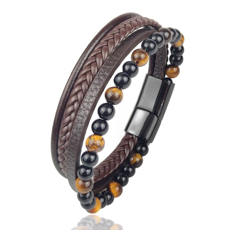 Pulseira Pedras Onix Couro Marrom - Nordwear